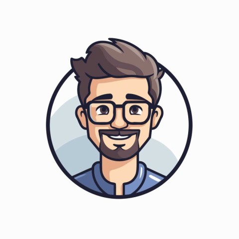 Hipster man face in round icon. Vector illustration in cartoon s