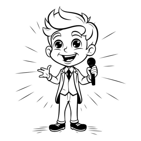 Black and White Cartoon Illustration of a Kid Boy Singing with M