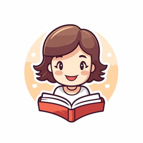 Cute little girl reading a book. Vector illustration in cartoon