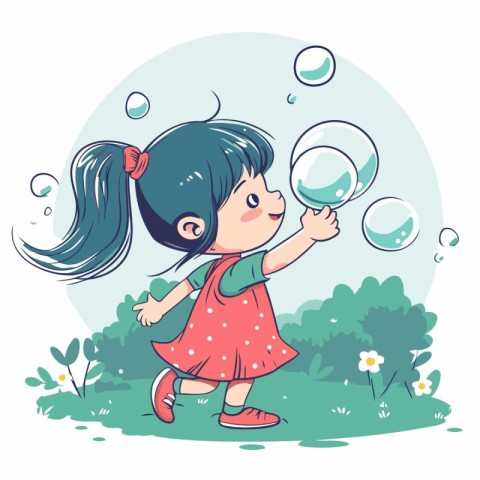 Cute little girl blowing bubbles in the park. Vector illustratio