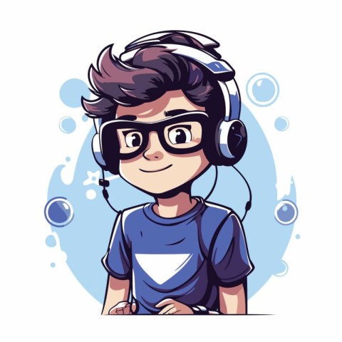 Cute boy with headphones listening to music. Vector illustration