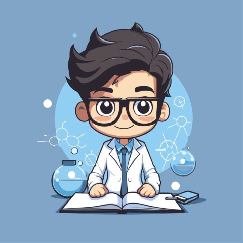 Boy in science gowns and glasses reading a book. Vector illustra