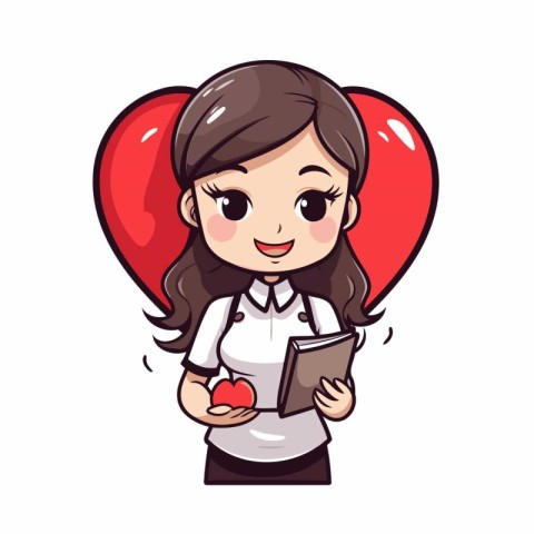 Lovely girl with book and heart on white background. Vector illu