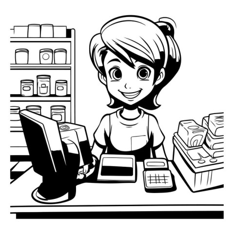 Supermarket cashier woman. Black and white vector illustration f