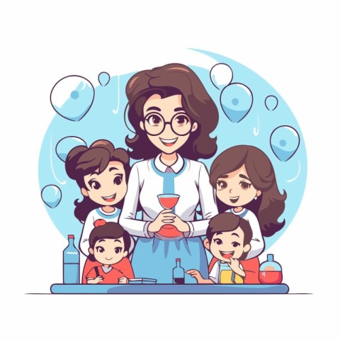 Teacher with children. Vector illustration in a flat cartoon sty