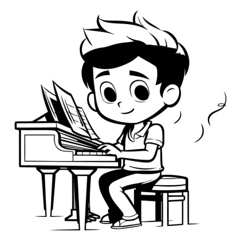 Boy Playing Piano - Black and White Cartoon Illustration. Editab