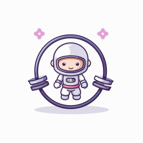 Cute astronaut with dumbbell in circle. Vector Illustration.