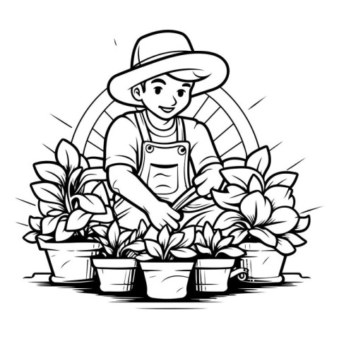 gardener with flowers in pots. Black and white vector illustrati