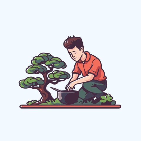 Man is cooking in the garden. Vector illustration in cartoon sty