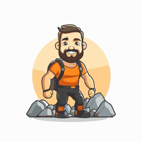 Hiking man with backpack on the rock. Cartoon vector illustratio