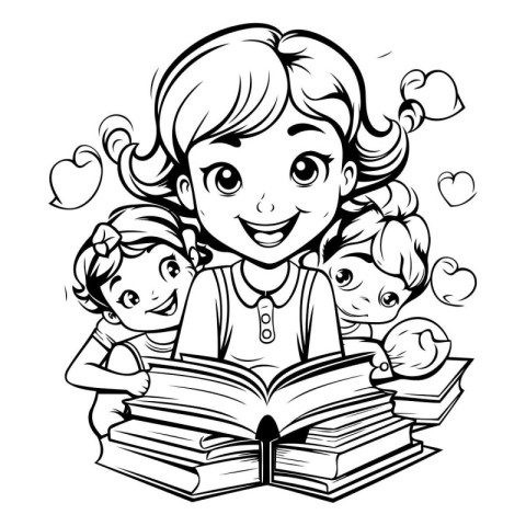 Black and White Cartoon Illustration of Mother Reading Book to h