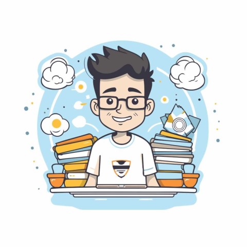 Cute boy with books and glasses. Vector illustration in cartoon