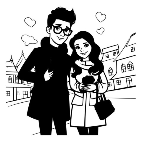 couple in love walking in the city - black and white vector illu