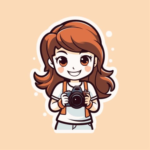 Cute little girl holding a camera and smiling. Vector illustrati