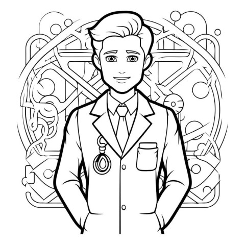 Black and White Cartoon Illustration of Male Doctor or Nurse Cha