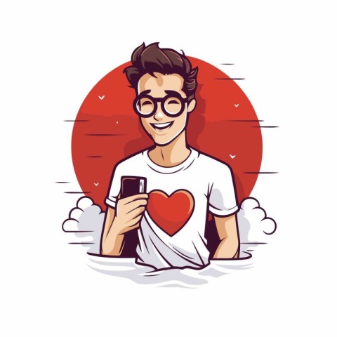 Vector illustration of a man with mobile phone and heart in his