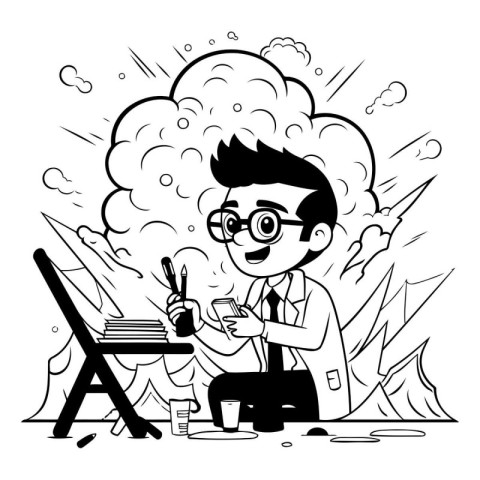 Cartoon illustration of a man painting a picture with paintbrush