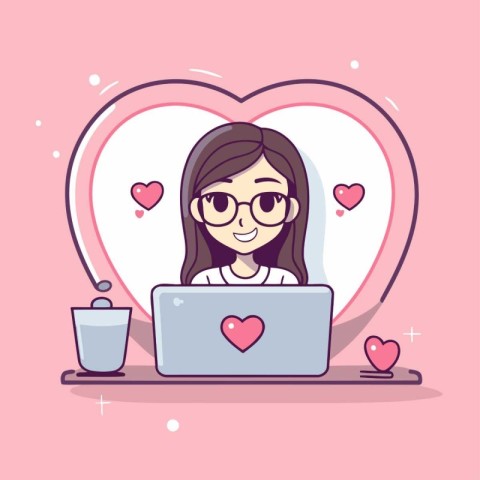 Cute cartoon girl with laptop in heart shape. Vector illustratio