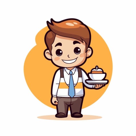 Cute boy with coffee and cake cartoon character vector illustrat