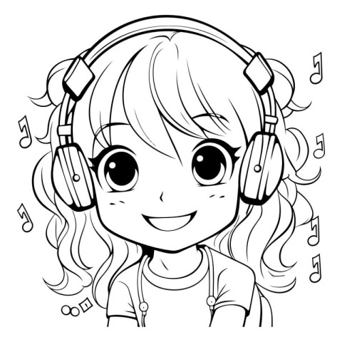 Black and white illustration of a girl with headphones listening