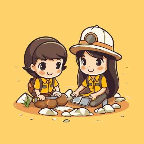 Boy and girl scout sitting on the ground with map. Vector illust