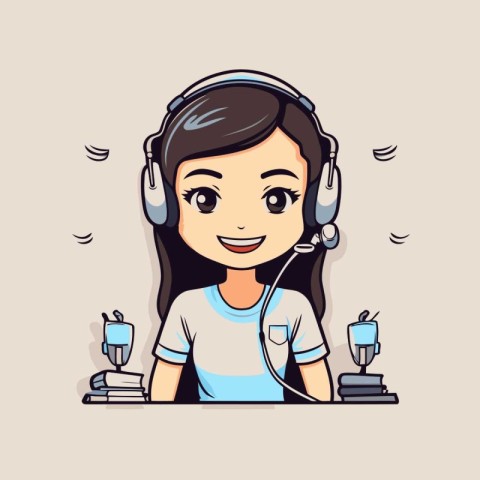 Cute Cartoon Girl Wearing Headphones. Vector Illustration.