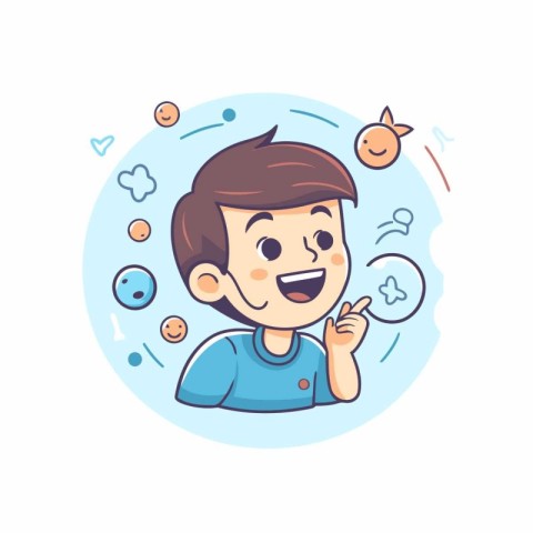 Cute boy with speech bubble. Cartoon character. Vector illustrat