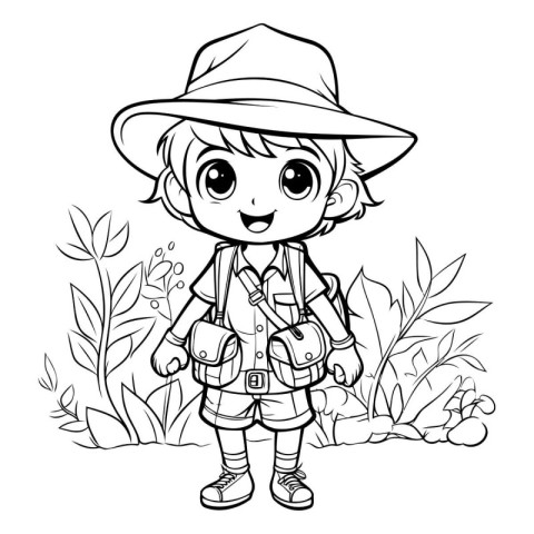 Coloring Page Outline Of a Little Boy Hiking with Backpack