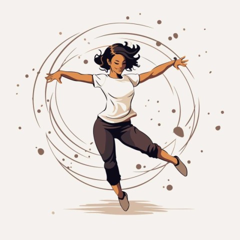 Young woman dancing hip-hop. Vector illustration of girl in moti