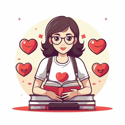 Girl reading a book with red hearts around her. Vector illustrat