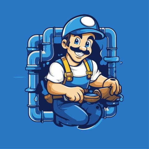 Plumber in uniform. Vector illustration of a plumber with a pipe