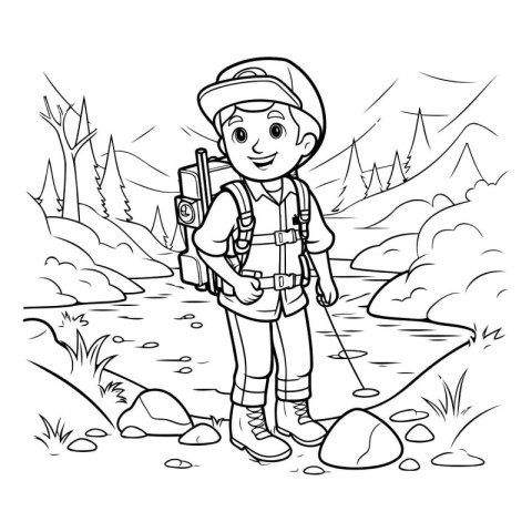 Hiker boy with backpack and trekking poles. Vector illustration.