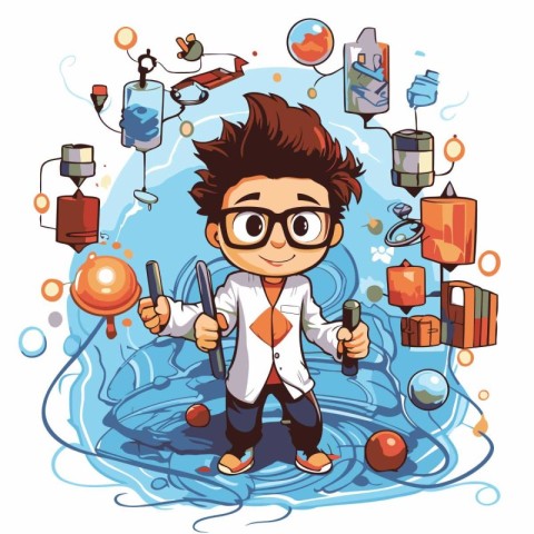 Funny boy playing with water and toys. Vector cartoon illustrati