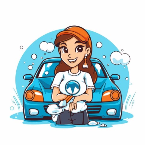 Cartoon woman cleaning her car with a brush. Vector illustration