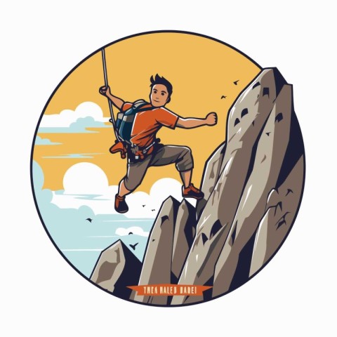 Man climbing on a cliff. Extreme sport. Vector illustration in f