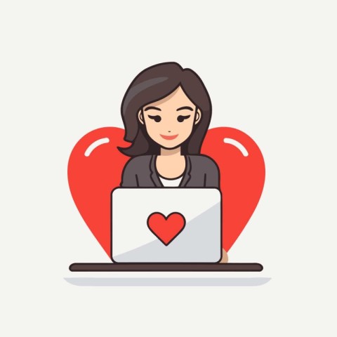 Young woman with laptop and red heart. Vector illustration in fl