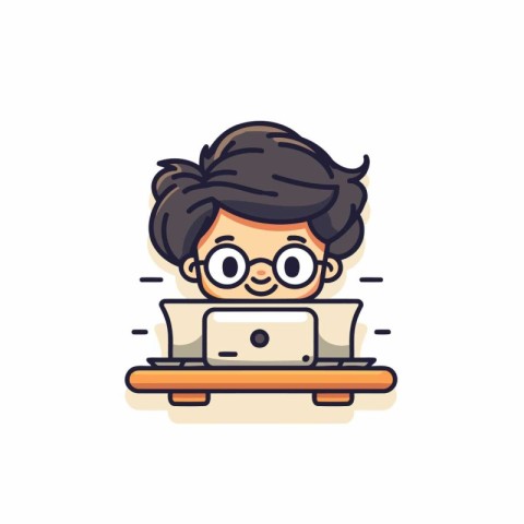 Cute cartoon little girl with glasses and laptop. Vector illustr