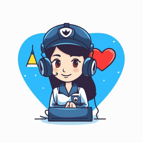 Cute cartoon police girl with headphones and heart. vector illus