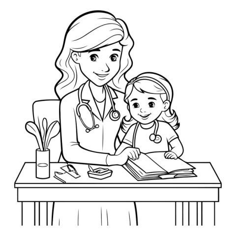 Vector illustration of a doctor and a little girl. Coloring book