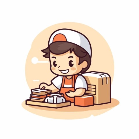 Cartoon boy with stack of books. Education concept. Vector illus