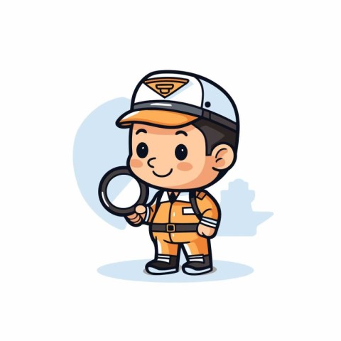 Cute fireman holding a magnifying glass. Vector illustration.