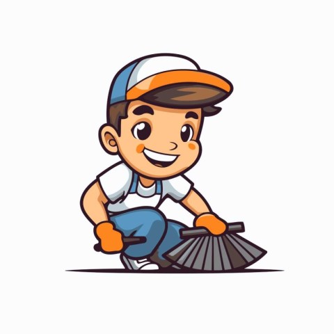 Cute cartoon little boy with broom. Cleaning service. Vector ill