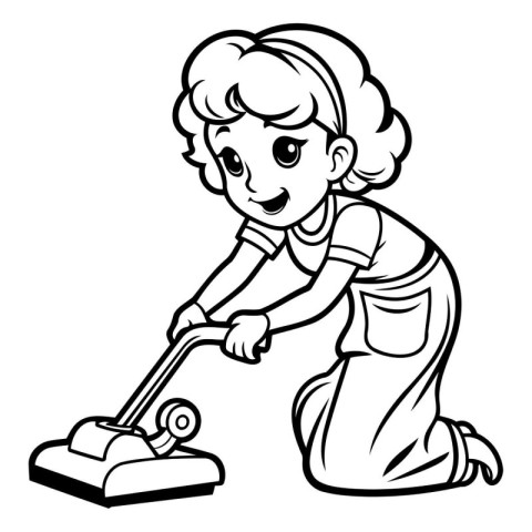 Illustration of a Kid Boy Using a Vacuum Cleaner. Coloring Book