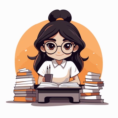 Cute little schoolgirl sitting at the desk with books. Vector il