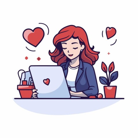 Young woman using laptop at home. Vector illustration in cartoon