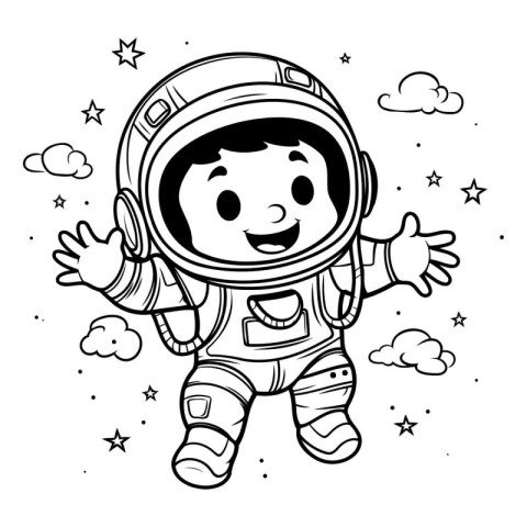 Cute astronaut in space. Vector illustration. Black and white.