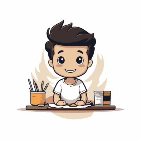 Cartoon boy writing on a piece of paper. Vector illustration.