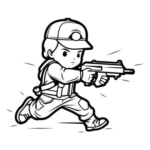 Soldier - Black and White Cartoon Mascot Illustration. Vector