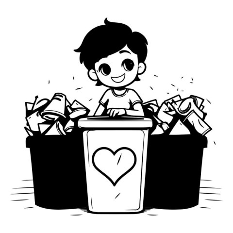 Boy throwing garbage in trash can. Black and white vector illust