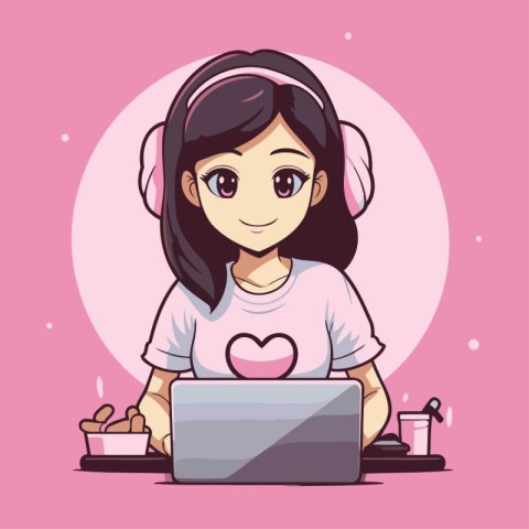 Girl using laptop. Vector illustration in cartoon style on pink